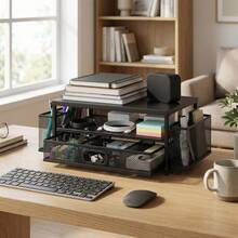 EZIFY Multi-Purpose Laptop Monitor Stand - Black Metal Desk Organizer With Drawer & 2 Pen Holders For Office - 黑色 - 查看 9