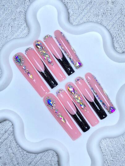 10 ชิ้น Y2K เล็บปลอมแบบกดติดยาวพิเศษ สไตล์ฝรั่งเศส ครอบคลุมเต็มเล็บ ทำด้วยมือ พร้อมการตกแต่งด้วยเพชร 3 มิติแวววาว, เหมาะสำหรับงานแต่งงาน, ปาร์ตี้, วันวาเลนไทน์, วันเกิด, ของขวัญคริสต์มาส, ศิลปะเล็บที่ใช้ซ้ำได้พอดีเยี่ยม, เจลลี่เจล 1 ชิ้น/แถบขัดขนาดเล็ก 1 ชิ้น, ชุดเล็บปลอมแบบกดติดที่ถอดออกได้, เหมาะสำหรับสุภาพสตรีและเด็กผู้หญิงสำหรับงานปาร์ตี้วันหยุดและการสวมใส่ในชีวิตประจำวัน, ผลิตภัณฑ์สำหรับเล็บ