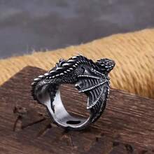 一枚巨大的铜龙戒指，维京风格男士时尚首饰，可作为礼物赠送 - 黑色 - 查看 4