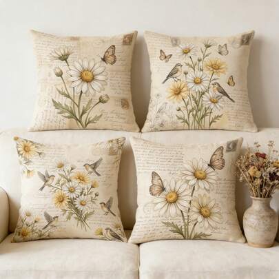4pcs Vintage Daisy Flower & Bird Decorative Pillow Covers, Distressed Letter Style Cushion Covers, Suitable For Living Room, Sofa, Bedroom Country Style Decor