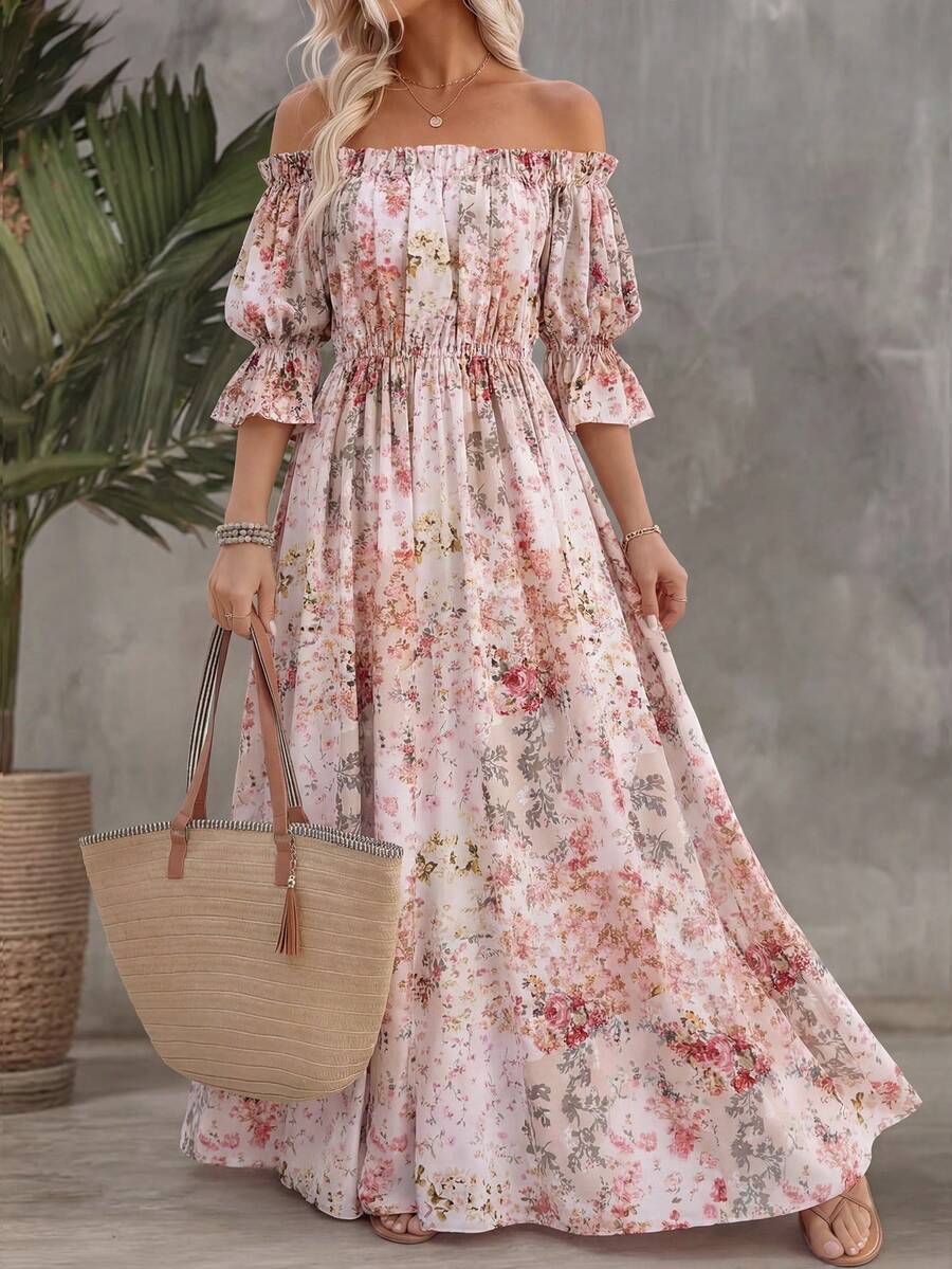 女士波西米亚风印花中袖连衣裙，女士波西米亚风荷叶边短袖宽松圆领长荷叶边袖印花休闲日常连衣裙，适合度假和春季穿着 - 白色 - 查看 1