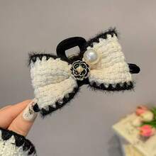 Camellia Knitted Elegant Bowknot Claw Clip, Flocked Pearl Hair Claw For Updo Hair - Multicolor - View 9