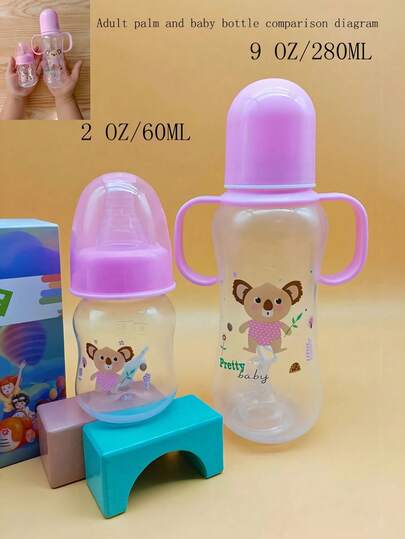 1 Set Of 2 Baby Bottles, 60ml And 280ml, Newborn Cartoon Design, Anti-Bubble Green