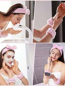 6pcs Luxury Super Soft Fiber SPA Headband And Wristband Set, Facial Wash Headband, Makeup Headband, Skincare Headband, Velvet Fluffy Sponge Headband, Soft Absorbent Towel Cloth Scrunchie, Suitable For Skincare, Makeup Removal, Bathing, For Women - 彩色 - 查看 5