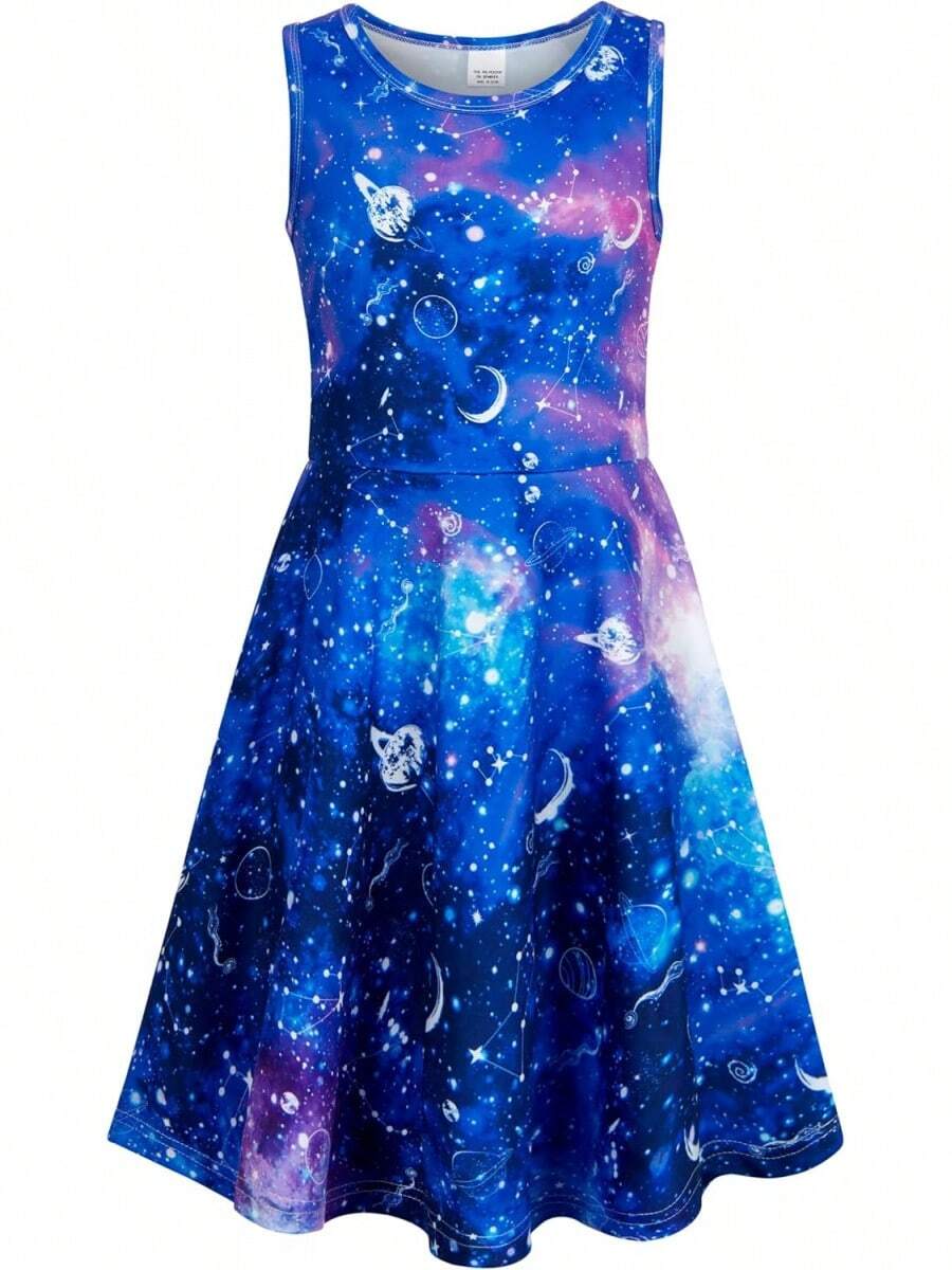 Girl Dresses Sleeveless Cute Pattern Casual Sundress 4-13 Years - Màu xanh lam - Xem 1