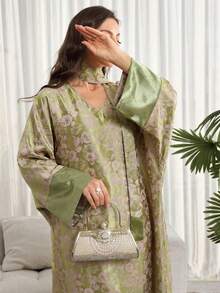 Vestido holgado de estilo árabe con cuello en V y manga larga con estampado floral para mujer - Verde - Ver 4