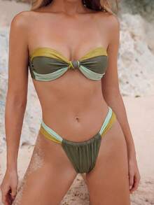 女士全新时尚性感无肩带比基尼套装，拼色拼接比基尼套装夏季海滩 - 軍綠色 - 查看 2
