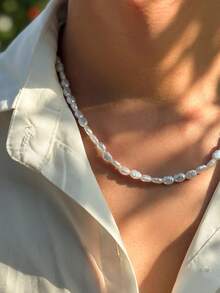 1件欧美时尚高端项链锁骨链百搭仿珍珠男女通用项链 - 白色 - 查看 2