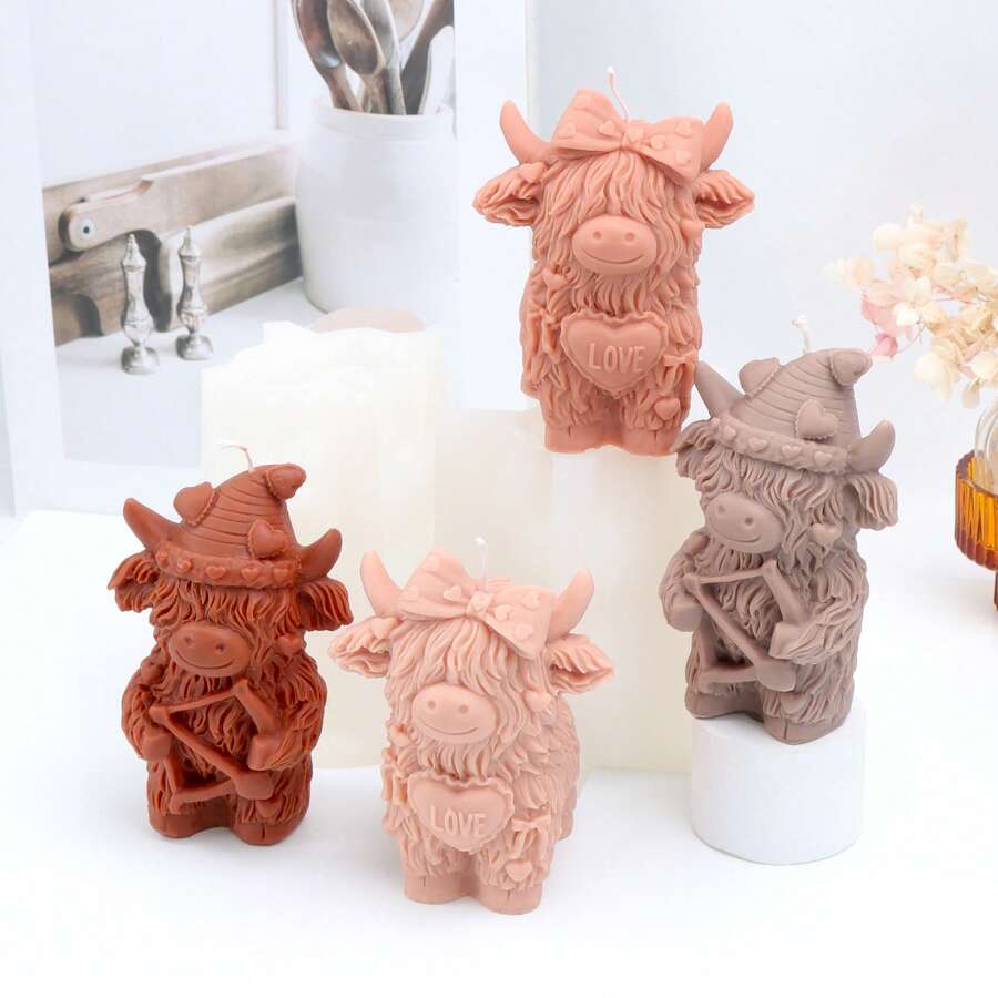 Zhonghui Mold 3D苏格兰高地牛硅胶模具创意心形蝴蝶结小牛香薰蜡烛模具扩香器石石膏树脂手工皂DIY材料