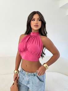 Cropped Balloon Top With Neck Tie, Sensual And Elegant, Made Of Spandex. - 玫紅色 - 查看 8