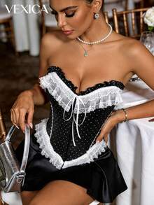 Vexica 女士法式波点性感蕾丝边荷叶边吊带背心，系带设计，适合毕业典礼和派对穿着 - 黑色 - 查看 4