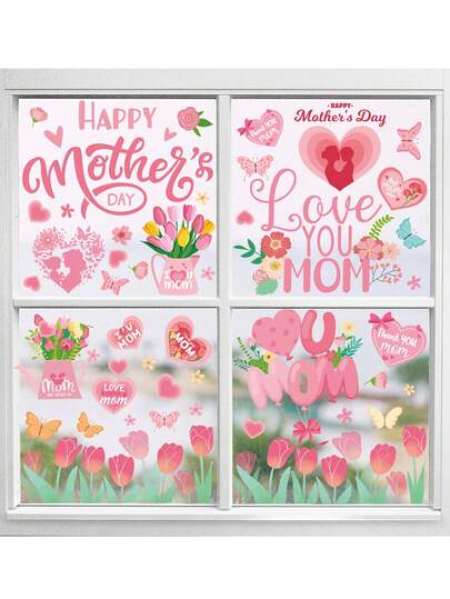 9 feuilles/1 set Autocollants de fenêtre roses pour la Fête des Mères avec motifs de tulipes, papillons et cœurs. Autocollants de fenêtre amovibles et sans statique, convenant pour les chambres, salons, balcons et vitrines de magasins.