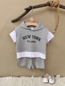2pcs/Set Toddler Baby Boy Cool Letter Embroidery Grey Hooded Short Sleeve Top And Shorts Set, Spring/Summer - Grey - View 5