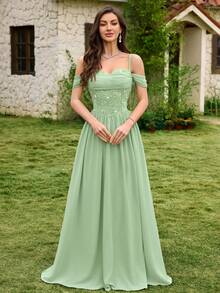 MIUSOL Sequin Floral Lace Off-Shoulder Ruffle Hem Chiffon Formal Party Maxi Dress, Bridesmaid Dress, Formal Evening Gown Wedding - Mint Green - View 5
