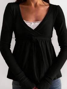 女士V领长袖荷叶边下摆上衣，秋冬黑色 - 黑色 - 查看 1