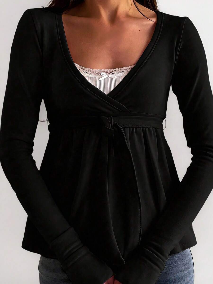 女士V领长袖荷叶边下摆上衣，秋冬黑色 - 黑色 - 查看 1