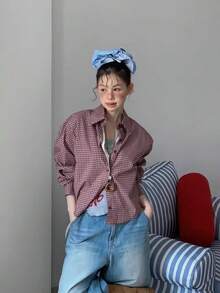 女士春季开衫，新款小格子二合一荷叶边下摆休闲复古拼接长袖衬衫，宽松百搭 - 紅色 - 查看 11