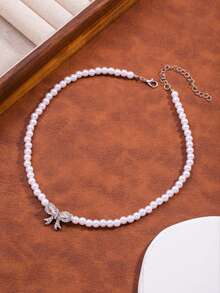 1pc French Elegant Bow Pearl Necklace, Gentle Elegant Versatile Choker - Multicolor - View 3