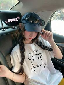 宽松印花T恤，可爱小熊和标语图案，Y2K复古风街头风休闲夏季原宿风白色T恤 - 白色 - 查看 4
