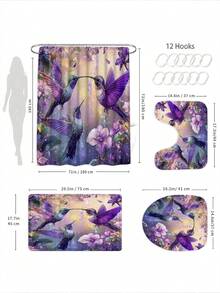 1/4件套紫色翠鸟图案防水浴帘套装，加厚涤纶防霉浴室帘，含12个挂钩、防滑垫、U型垫和圆形马桶盖套 - A - 查看 3