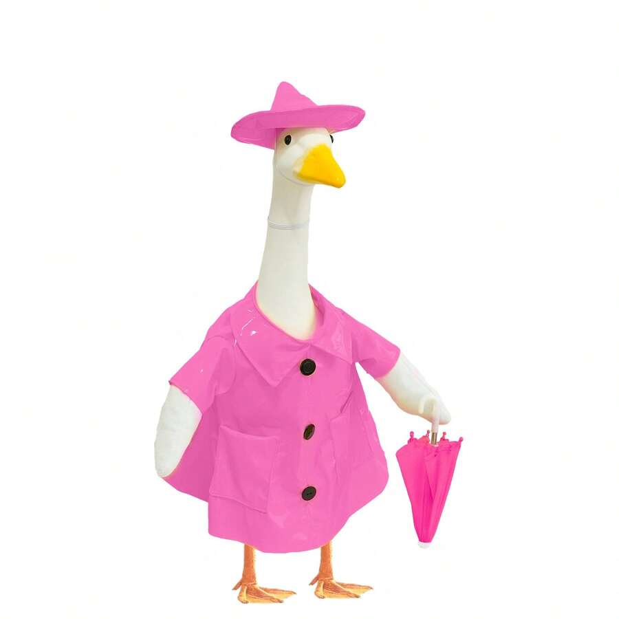 23-Inch Outdoor Garden Lawn Decoration, Spring/Summer Decor, Pink Raincoat Goose Sculpture Decoration Set - A - View 1