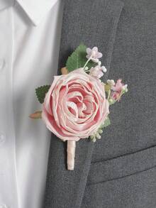 1朵/2朵粉色优雅玫瑰花搭配满天星浪漫胸花，适合新娘、新郎、伴娘、伴郎，可用于婚礼装饰、订婚、舞会、情人节、学校活动等场合。 - 淺粉色 - 查看 4