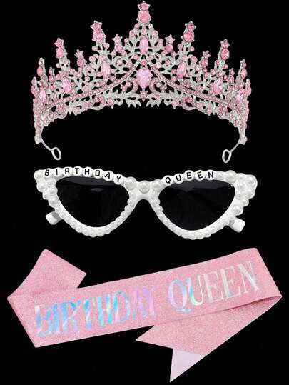 3pcs/Set Women's Birthday Accessories Set, Includes 1 Birthday Belt, 1 Birthday Crown, 1 Birthday Girl Belt, 1 Birthday Girl Crown Headpiece, 1 Pair Birthday Girl Glasses, Suitable For Birthday Party Wear, Fashionable Sparkling Birthday Party Gift