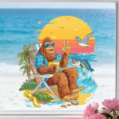 夏季热带棕榈树窗贴 海滩日落 大猩猩泳池 海滩饮品 墙贴 玻璃贴纸 防撞双面窗贴 家用玻璃窗自粘家居贴纸