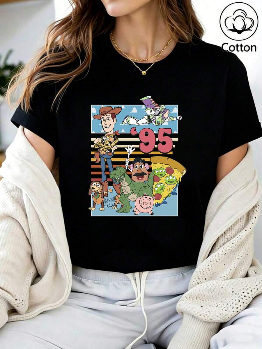 Disney Loose Edition 'Toy Story' '95' Retro Style All Staff Photo Printed T-Shirt, Suitable For Summer And Spring, Short Sleeved Tops, Women's Clothing, Holiday Gift Party Clothing. - 黑色 - 查看 1