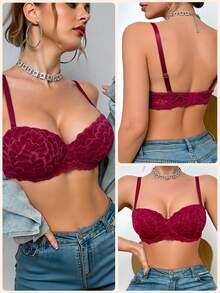 Women's Red Sexy Lace Lingerie, Comfortable French Lace Patchwork Bra, Lift And Gather Underwire Bra - Red - View 7