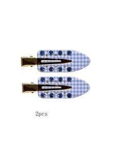 2 piezas/4 piezas Pinzas de pelo de acrílico sin costuras, dulces y versátiles con estampado a cuadros, para niñas - 2 flores azules - Ver 9
