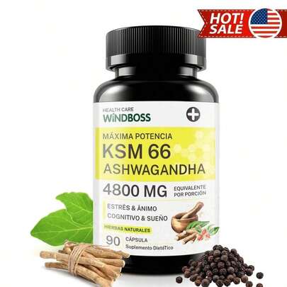 Windboss Ashwagandha KSM-66 4800mg con Pimienta Negra |   Suplemento en Cápsulas Veganas |   90 Piezas para Bienestar Diario y Equilibrio Natural