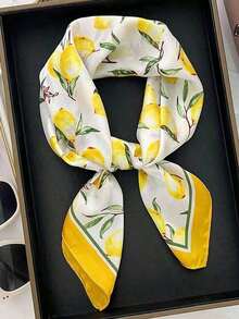 Women Bandana  Fresh Fruit Print Imitation Silk Satin Small Square Scarf/Headband, New Women Lemon Pattern Elegant Beach Accessories Fashion UV Protection Versatile Scarf, Suitable For Beach, Street, Daily, Vacation, Business Etc. - 黃色 - 查看 2