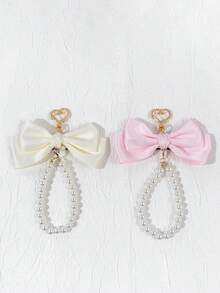 1pc Women's Minimalist Solid Color Casual Girly Bow, Faux Pearl Chain, Heart & Lobster Clasp Keychain, Versatile Accessory For Bags, Outfits, Any Occasion, Great Gift For Best Friend - Multicolor - View 3