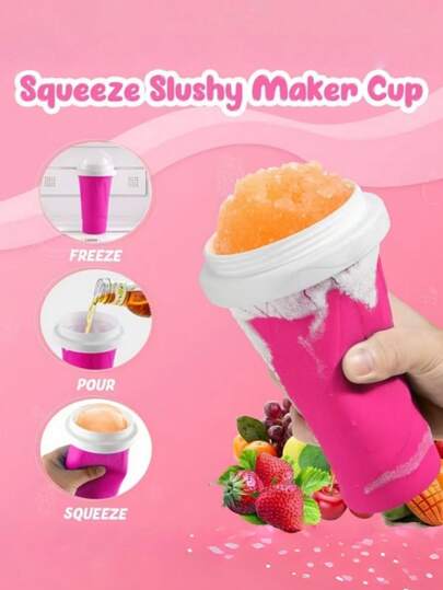 1pc Squeeze Slush Cup, Homemade Milkshake Cup, Squeeze Into Ice Cup, Quick Cooling Drink Shaker Cup With Lid And Straw, Portable Juice Squeeze Cup, Double-Layer Silicone DIY Magic Snow Mud Squeeze Cup, Suitable For Juice, Soda, Milk And Ice Cream