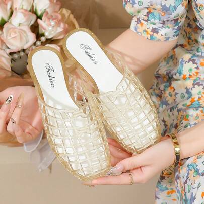 New Arrival Fashionable Minimalist Women's Hollow Slip-On Slippers, PVC Material Soft Non-Slip Durable Sole, Suitable For Indoor And Outdoor Wear, Soft And Comfortable For Long-Time Wear