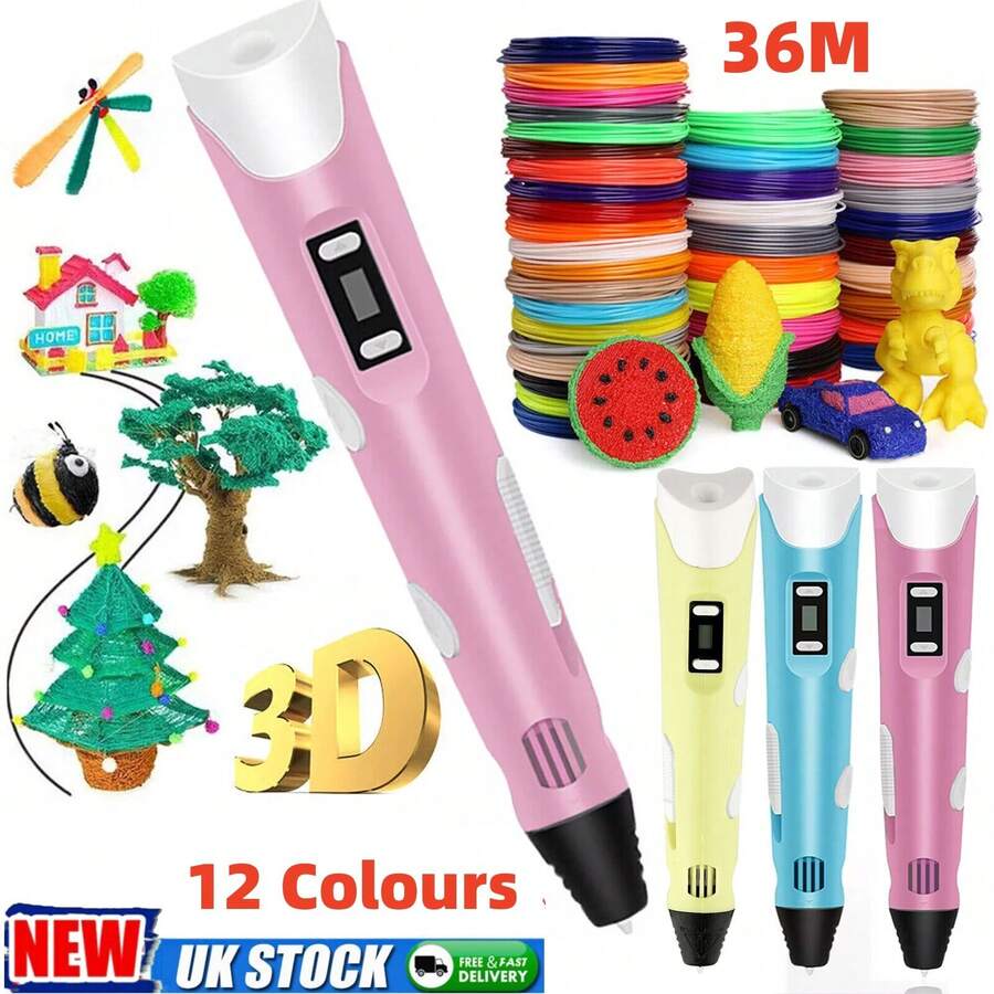 3D Printing Pen Set Doodle PLA Filament Printer Drawing 12 Colours Gift UK - View 1