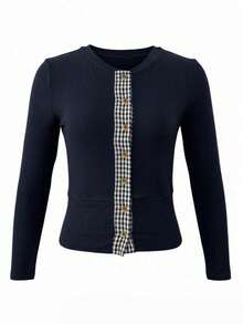 Vintage Plaid Patchwork 2-In-1 Knitted Cardigan, Women Round Neck Long Sleeve Top, Early Spring - Navy Blue - View 9