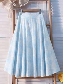 Women's Light Blue A-Line Flare Skirt, Paired With Tie Waist Belt And Floral Pattern, Showcasing Casual Elegant Style - Baby Blue - View 2