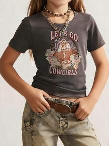 Camiseta de manga corta con cuello redondo y estampado gráfico rosa casual para niñas preadolescentes, top de verano - Gris Oscuro - Ver 1