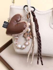 Yogodlns 心形皮革吊坠，甜美心形钥匙扣配饰，手工编织，旅行假日圣诞礼物，Y2K时尚包包挂饰，适合年轻男女、大学生，新年、情人节礼物 - 咖啡 - 查看 2