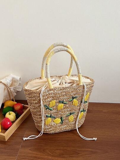 1pc Embroidered Handbag, Shoulder Bag, Crossbody Bag, Straw Bag, Suitable For Beach, Vacation, And Daily Use For Women