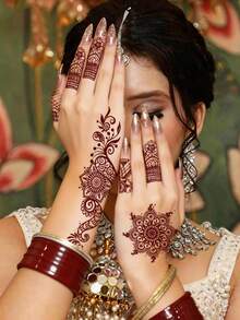 4pcs Brown, Red, Burgundy Sexy Floral Toe & Hand Henna Temporary Tattoo Stickers, Waterproof Flower Tattoo Stickers For Women, Suitable For Wedding, Party - Red - View 3