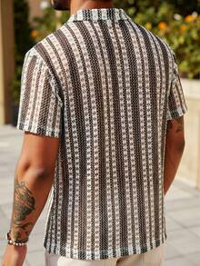 Áo sơ mi nam tay ngắn dệt kim họa tiết sọc rỗng đen trắng, phong cách thường ngày, thích hợp cho mùa hè, đi làm; trang phục nam phong cách Hawaii, áo sơ mi nam phong cách Bohemian. - màu đen - Xem 4