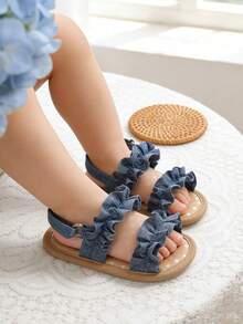 Dép xăng đan đế mềm mùa hè cho bé gái sơ sinh, giày bệt dự tiệc cưới, dép đi biển, giày chống trượt cho trẻ nhỏ với thiết kế bèo nhún dễ thương. - Màu xanh lam - Xem 6