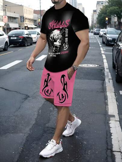 2pcs Aris Printed Men's Short Sleeve T-Shirt And Drawstring Shorts Set, Casual Sports Regular T-Shirt Top And Pants Suit, Suitable For Summer