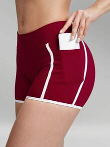 MFVIM 女士运动短裤，撞色条纹设计，3D立体剪裁，侧边口袋，修身塑形，透气柔软弹力面料，休闲运动紧身裤，适合跑步、瑜伽、健身、户外活动 - 紅木色 - 查看 10