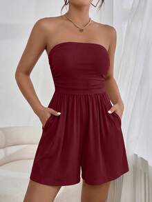 Women Summer Romper Strapless Tube Ruffle Boho Loose Shorts Jumpsuits Pockets Casual Daily Spring Holiday Beach Vacation Airport Outfits - Màu Đỏ Sâu - Xem 1