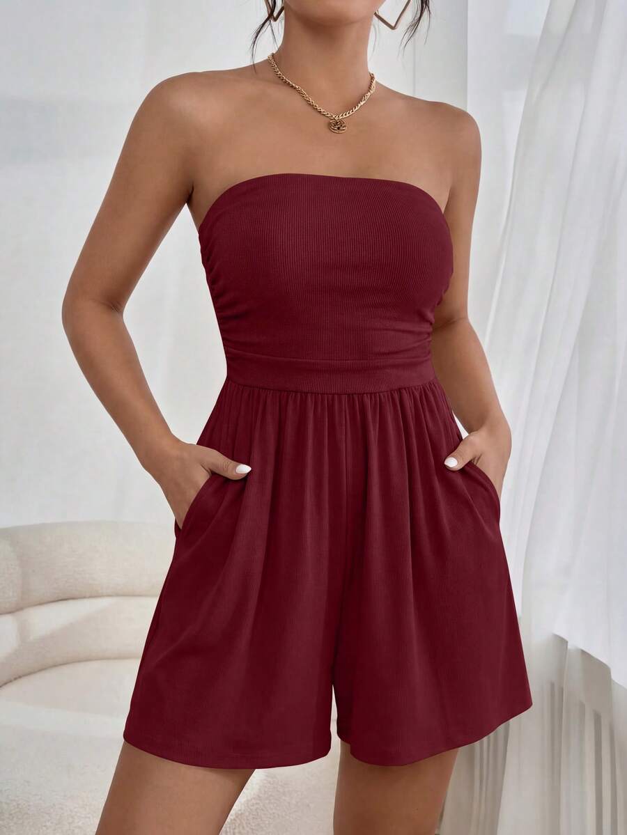 Women Summer Romper Strapless Tube Ruffle Boho Loose Shorts Jumpsuits Pockets Casual Daily Spring Holiday Beach Vacation Airport Outfits - Màu Đỏ Sâu - Xem 1