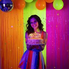 2 Pack Glow In The Dark Tinsel Foil Fringe Curtains, UV Blacklight Reactive Neon Macaron Backdrop, 3.3x6.6ft Fluorescent Matte Streamers For Glow Party Decor, Birthday, Disco, Rave (Fluorescent Yellow/Fluorescent Fuchsia/Fluorescent Orange) - View 7